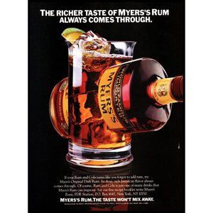 1988 Myers's Rum & Coke Cocktail Vintage Print Ad Bar Room Man Cave Wall Art